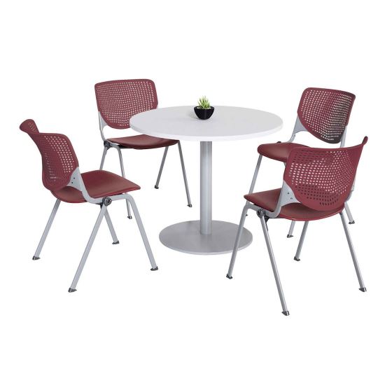 Pedestal Table with Four Burgundy Kool Series Chairs, Round, 36" Dia x 29h, Designer White, Ships in 4-6 Business Days1