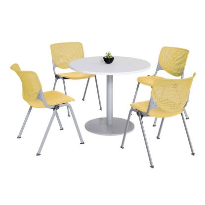 Pedestal Table with Four Yellow Kool Series Chairs, Round, 36" Dia x 29h, Designer White, Ships in 4-6 Business Days1