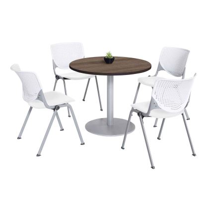 Pedestal Table with Four White Kool Series Chairs, Round, 36" Dia x 29h, Studio Teak, Ships in 4-6 Business Days1