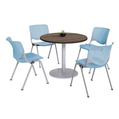 Pedestal Table with Four Sky Blue Kool Series Chairs, Round, 36" Dia x 29h, Studio Teak, Ships in 4-6 Business Days1