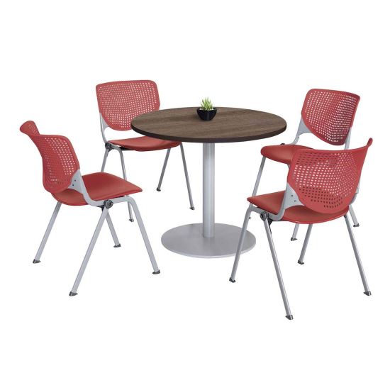 Pedestal Table with Four Coral Kool Series Chairs, Round, 36" Dia x 29h, Studio Teak, Ships in 4-6 Business Days1