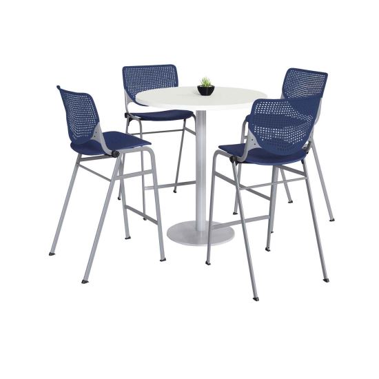 Pedestal Bistro Table with Four Navy Kool Series Barstools, Round, 36" Dia x 41h, Designer White, Ships in 4-6 Business Days1