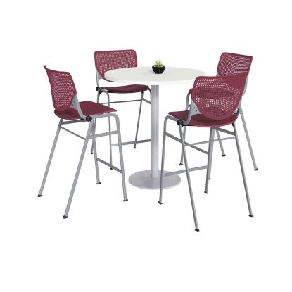 Pedestal Bistro Table with Four Burgundy Kool Series Barstools, Round, 36" Dia x 41h, Designer White, Ships in 4-6 Bus Days1