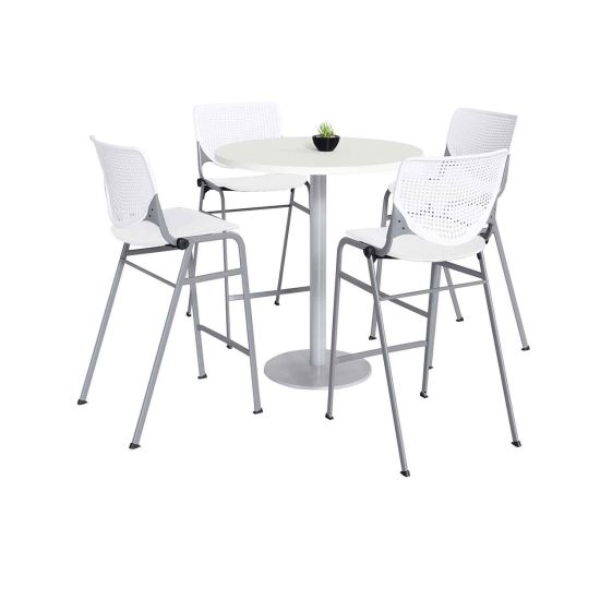 Pedestal Bistro Table with Four White Kool Series Barstools, Round, 36" Dia x 41h, Designer White, Ships in 4-6 Business Days1