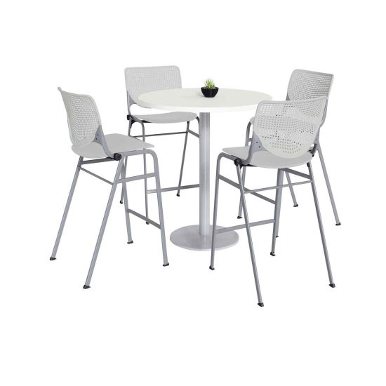 Pedestal Bistro Table with Four Light Gray Kool Series Barstools, Round, 36" Dia x 41h, Designer White, Ships in 4-6 Bus Days1