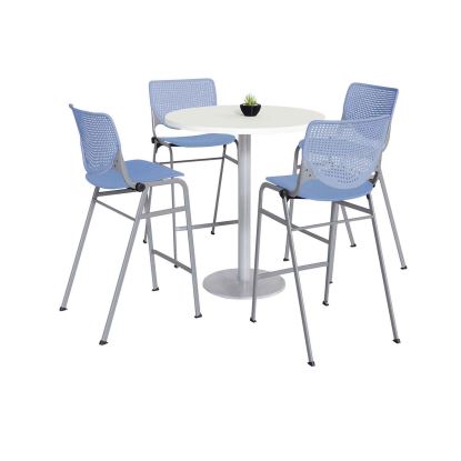 Pedestal Bistro Table with Four Periwinkle Kool Series Barstools, Round, 36" Dia x 41h, Designer White, Ships in 4-6 Bus Days1