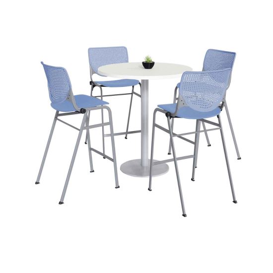 Pedestal Bistro Table with Four Periwinkle Kool Series Barstools, Round, 36" Dia x 41h, Designer White, Ships in 4-6 Bus Days1