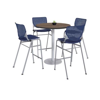 Pedestal Bistro Table with Four Navy Kool Series Barstools, Round, 36" Dia x 41h, Studio Teak, Ships in 4-6 Business Days1