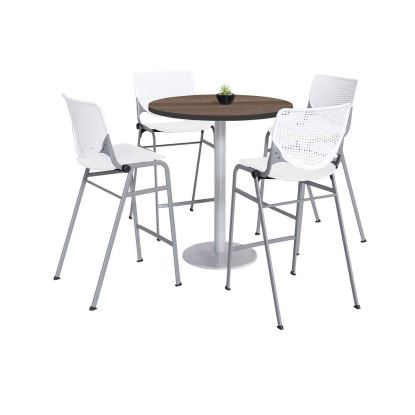 Pedestal Bistro Table with Four White Kool Series Barstools, Round, 36" Dia x 41h, Studio Teak, Ships in 4-6 Business Days1