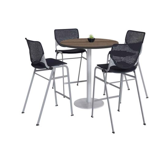 Pedestal Bistro Table with Four Black Kool Series Barstools, Round, 36" Dia x 41h, Studio Teak, Ships in 4-6 Business Days1