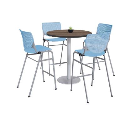 Pedestal Bistro Table with Four Sky Blue Kool Series Barstools, Round, 36" Dia x 41h, Studio Teak, Ships in 4-6 Business Days1