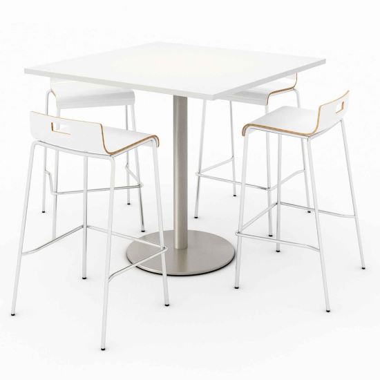 Pedestal Bistro Table with Four White Jive Series Barstools, Square, 36 x 36 x 41, Designer White, Ships in 4-6 Business Days1