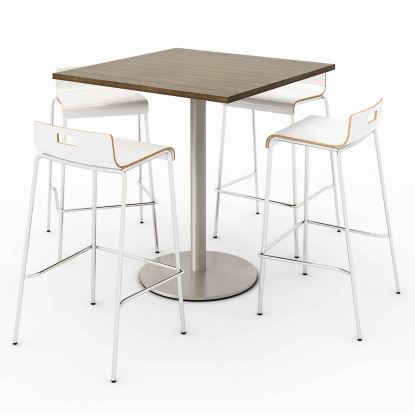 Pedestal Bistro Table with Four White Jive Series Barstools, Square, 36 x 36 x 41, Studio Teak, Ships in 4-6 Business Days1