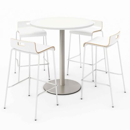 Pedestal Bistro Table with Four White Jive Series Barstools, Round, 36" Dia x 41h, Designer White, Ships in 4-6 Business Days1