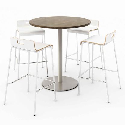 Pedestal Bistro Table with Four White Jive Series Barstools, Round, 36" Dia x 41h, Studio Teak, Ships in 4-6 Business Days1