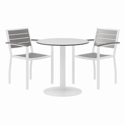 Eveleen Outdoor Patio Table with 2 Gray Powder-Coated Polymer Chairs, 30" Dia x 29h, Designer White, Ships in 4-6 Bus Days1