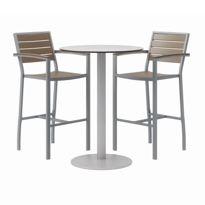 Eveleen Outdoor Bistro Patio Table, 2 Mocha Powder-Coated Polymer Barstools, Round, 30" Dia x 41h, Gray,Ships in 4-6 Bus Days1