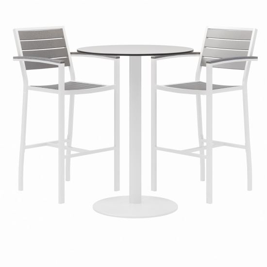 Eveleen Outdoor Bistro Patio Table, 2 Gray Powder-Coated Polymer Barstools, Round, 30" Dia x 41h, White,Ships in 4-6 Bus Days1