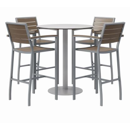 Eveleen Outdoor Bistro Patio Table w/ Four Mocha Powder-Coated Polymer Barstools, Round, 41"h, Gray, Ships in 4-6 Bus Days1