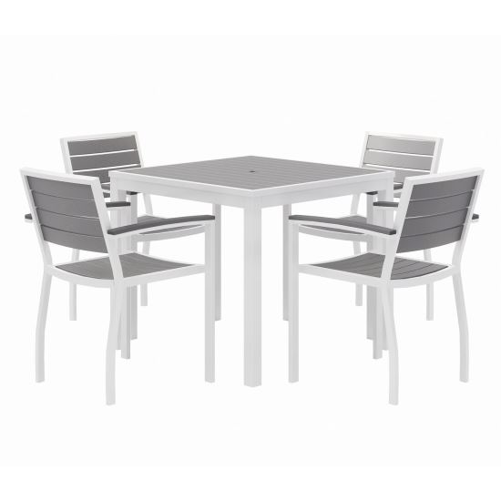 Eveleen Outdoor Patio Table with Four Gray Powder-Coated Polymer Chairs, 32" Square, Gray, Ships in 4-6 Business Days1