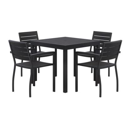 Eveleen Outdoor Patio Table with Four Black Powder-Coated Polymer Chairs, Square, 35", Black, Ships in 4-6 Business Days1