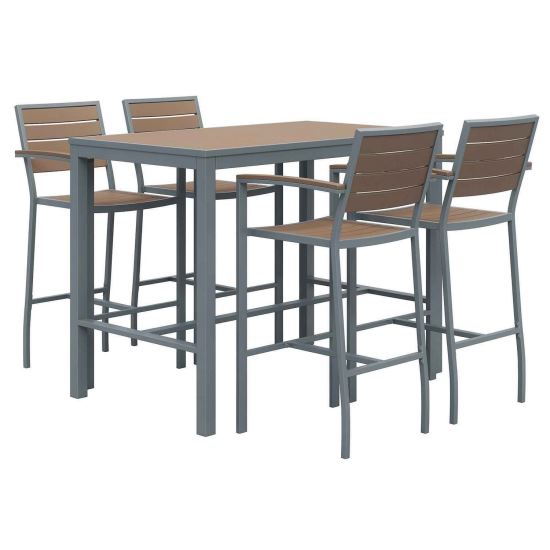 Eveleen Outdoor Bistro Patio Table with Four Mocha Powder-Coated Polymer Barstools, 32 x 55, Mocha, Ships in 4-6 Bus Days1