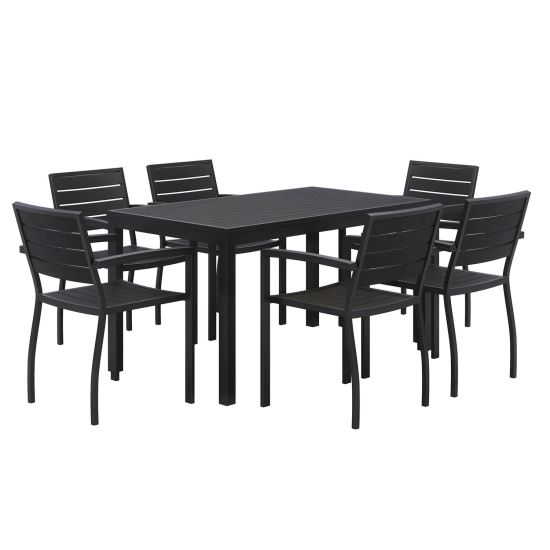 Eveleen Outdoor Patio Table with Six Black Powder-Coated Polymer Chairs, 32 x 55 x 29, Black, Ships in 4-6 Business Days1