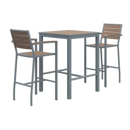 Eveleen Outdoor Bistro Patio Table with Two Mocha Powder-Coated Polymer Barstools, 30" Square, Mocha, Ships in 4-6 Bus Days1