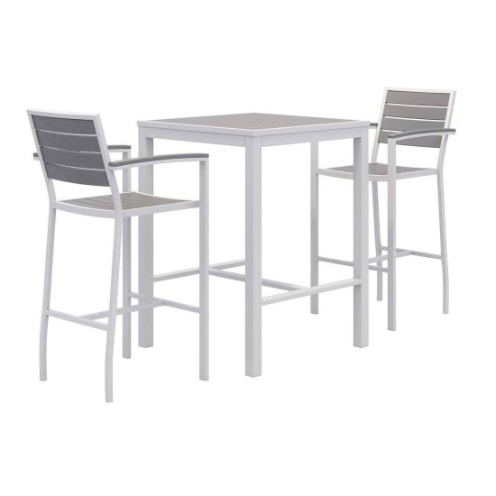 Eveleen Outdoor Bistro Patio Table with Two Gray Powder-Coated Polymer Barstools, 30" Square, Gray, Ships in 4-6 Bus Days1