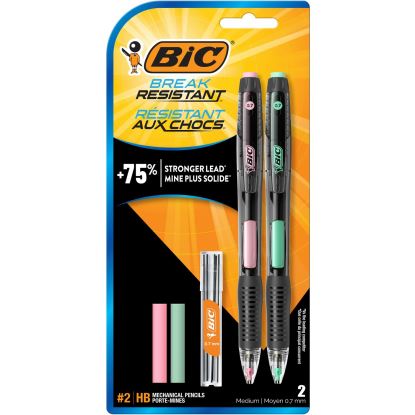 Break-Resistant Mechanical Pencils with Erasers, 0.7 mm, HB (#2), Black Lead, Green and Pink Barrel Colors, 2/Pack1