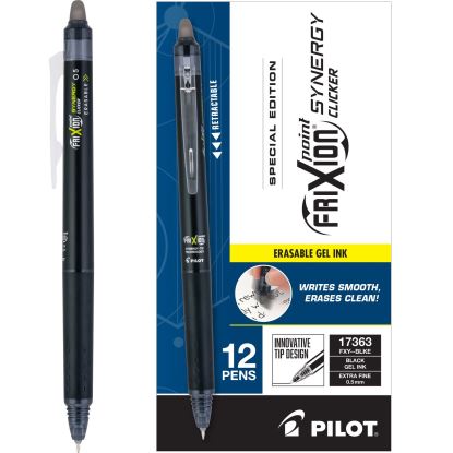 FriXion Synergy Clicker Erasable Gel Pen, Retractable, Extra-Fine 0.5 mm, Black Ink, Black/Smoke Barrel, Dozen1