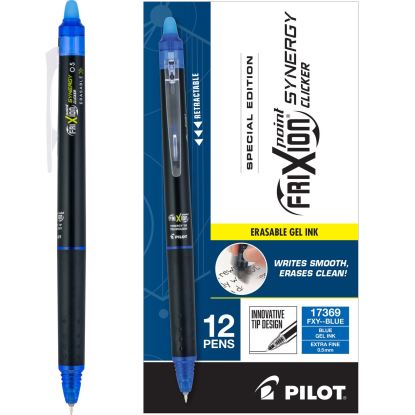 FriXion Synergy Clicker Erasable Gel Pen, Retractable, Extra-Fine 0.5 mm, Blue Ink, Black/Blue Barrel, Dozen1