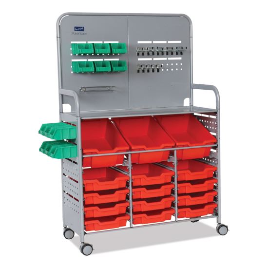 Callero MakerSpace Trolley Set 1, Metal, 1 Shelf, 12 F1 Shallow Bins, 3 F2 Deep Bins, 42.9" x 17.3" x 61.8", Silver/Flame Red1