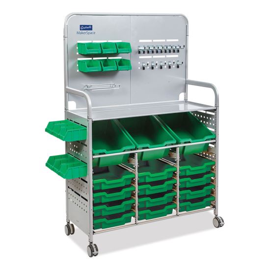 Callero MakerSpace Trolley Set 01, Metal, 1 Shelf, 12 F1 Bins, 3 F2 Bins, 42.9" x 17.3" x 61.8", Silver/Grass Green1