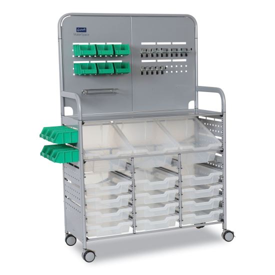 Callero MakerSpace Trolley Set 01, Metal, 1 Shelf, 12 F1 Bins, 3 F2 Bins, 42.9" x 17.3" x 61.8", Silver/Translucent Frost1