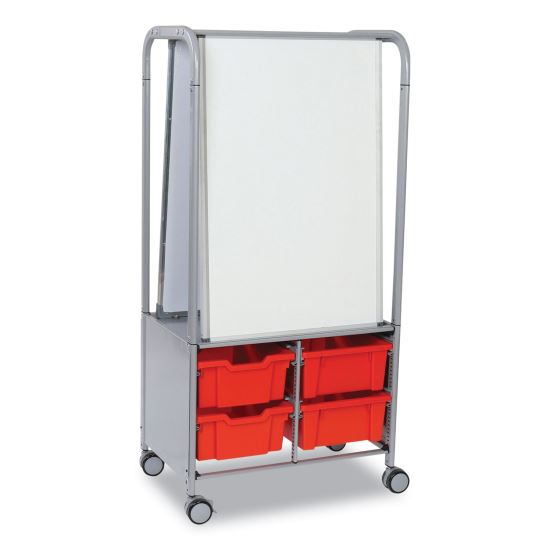 Callero MakerHub Trolley Set 01, Metal, (2) Magnetic Whiteboards, (4) F2 Deep Bins, 27.4" x 17.3" x 56.3", Silver/Flame Red1