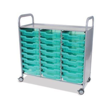 Callero Plus Shield Treble Trolley Set 03, Antimicrobial, Metal, 24 F1 Shallow Bins, 40.6" x 17.3" x 41.5", Silver/Trans Kiwi1