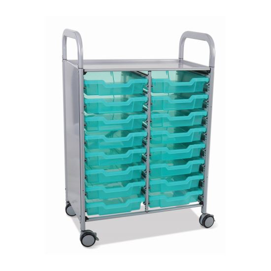 Callero Plus Shield Double Trolley Set 05, Antimicrobial, Metal, 16 F1 Shallow Bins, 27.4" x 17.3" x 41.5", Silver/Trans Kiwi1