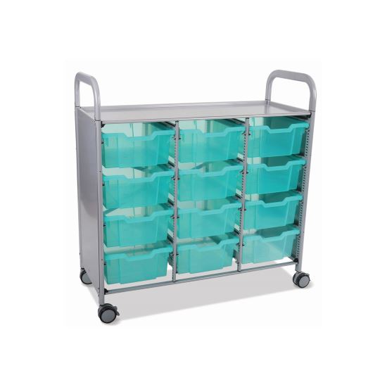 Callero Plus 3-Column Trolley Set 13, Antimicrobial, Metal, 12 F2 Deep Bins, 40.6" x 17.3" x 41.5", Silver/Translucent Kiwi1