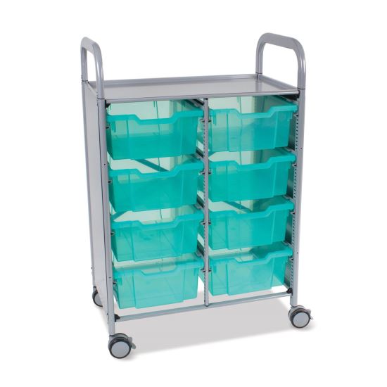 Callero Plus Shield Double Trolley Set 13, Antimicrobial, Metal, 8 F2 Deep Bins, 27.4" x 17.3" x 41.5", Silver/Trans Kiwi1