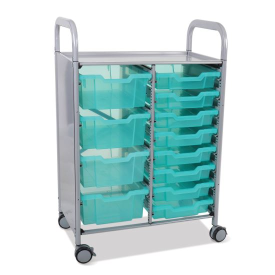 Callero Plus Shield Double Trolley Set 18, Antimicrobial, Metal, 8 F1 Bins, 4 F2 Bins, 27.4 x 17.3 x 41.5, Silver/Trans Kiwi1