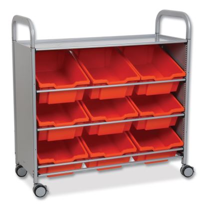 Callero Tilted Tray Trolley Set 01, Metal, 1 Shelf, 9 F2 Deep Bins, 40.6" x 17.3" x 41.5", Silver/Flame Red1