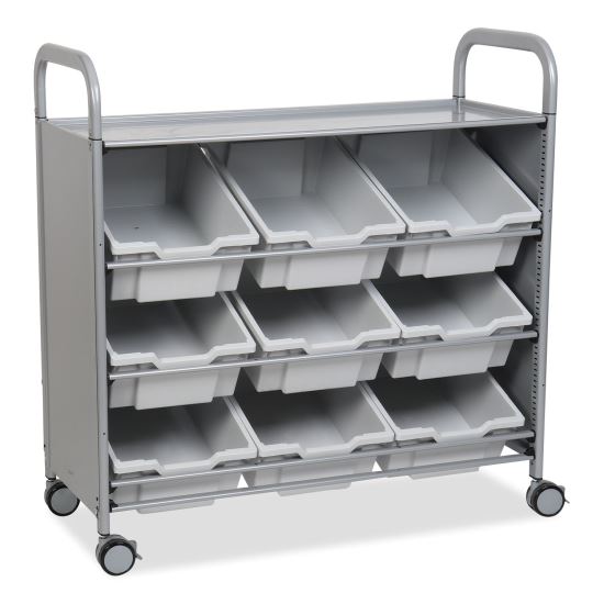 Callero Tilted Tray Trolley Set 01, Metal, 1 Shelf, 9 F2 Deep Bins, 40.6" x 17.3" x 41.5", Silver/Light Gray1