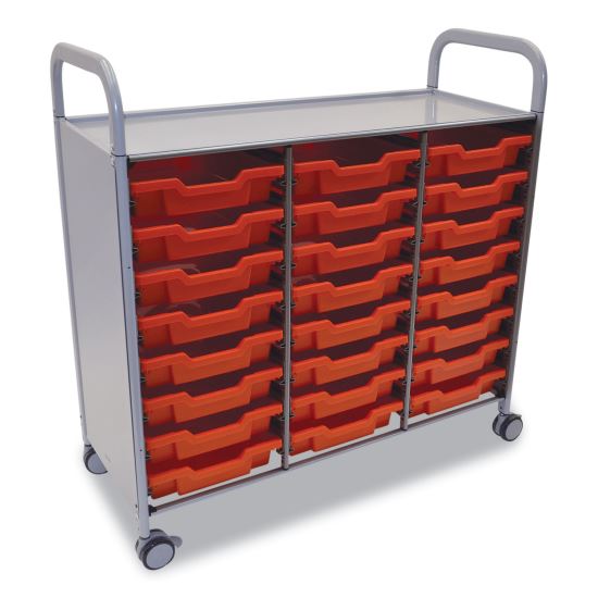 Callero Plus Treble Column Trolley Set 03, Metal, 1 Shelf, 24 F1 Shallow Bins, 40.6" x 17.3" x 41.5", Silver/Flame Red1