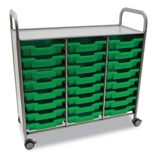 Callero Plus Treble Column Trolley Set 03, Metal, 1 Shelf, 24 F1 Shallow Bins, 40.6" x 17.3" x 41.5", Silver/Grass Green1