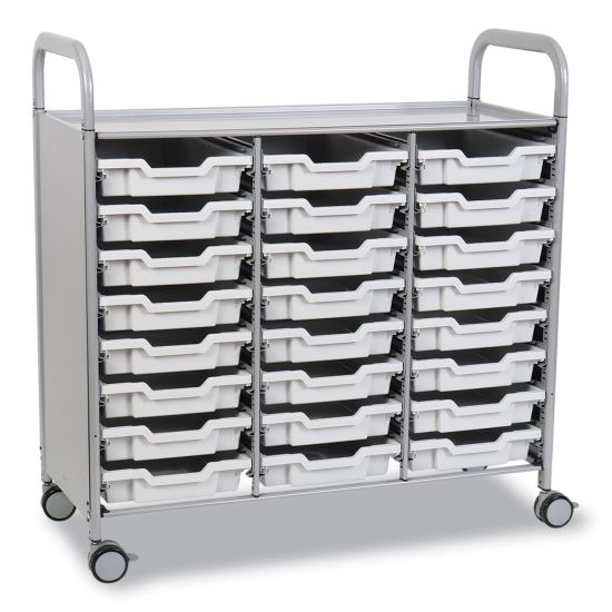 Callero Plus Treble Column Trolley Set 03, Metal, 1 Shelf, 24 F1 Shallow Bins, 40.6" x 17.3" x 41.5", Silver/Light Gray1