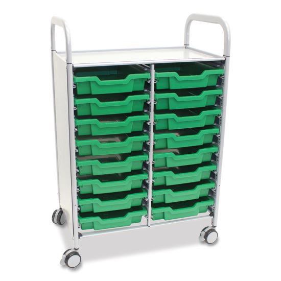 Callero Plus Double Column Trolley Set 05, Metal, 1 Shelf, 16 F1 Shallow Bins, 27.4" x 17.3" x 41.5", Silver/Grass Green1