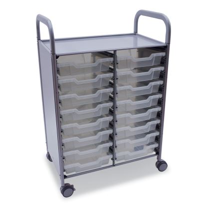 Callero Plus Double Column Trolley Set 5, Metal, 1 Shelf, 16 F1 Shallow Bins, 27.4" x 17.3" x 41.5", Silver/Translucent Frost1