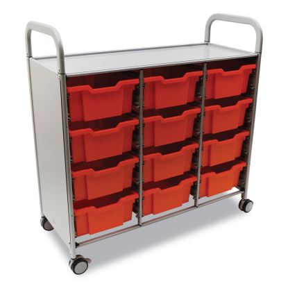 Callero Plus Treble Column Trolley Set 13, Metal, 1 Shelf, 12 F2 Deep Bins, 40.6" x 17.3" x 41.5", Silver/Flame Red1