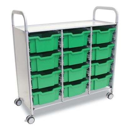 Callero Plus Treble Column Trolley Set 13, Metal, 1 Shelf, 12 F2 Deep Bins, 40.6" x 17.3" x 41.5", Silver/Grass Green1